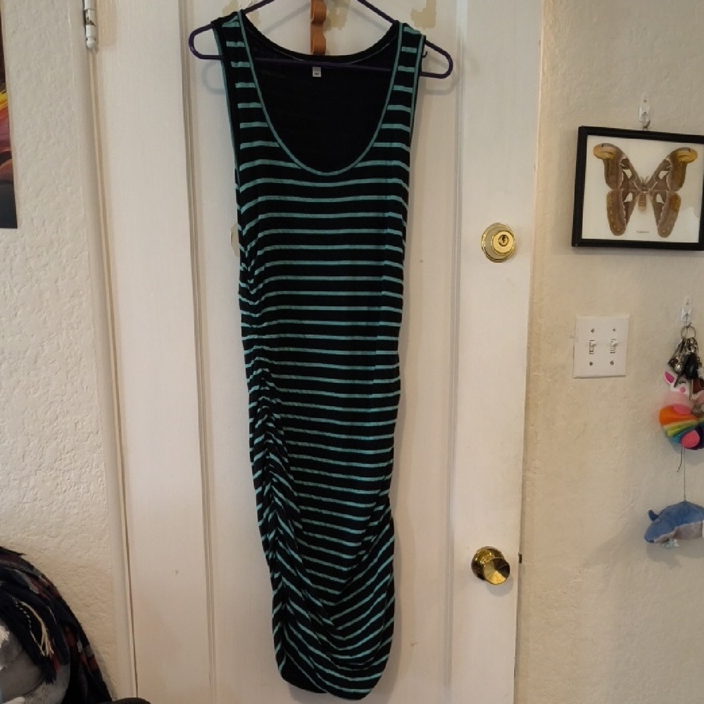 Halogen | Elegant Black and Teal Striped Maxi Dress